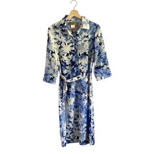 24k Blue and White floral Midi Shirt Dress with 3/4 sleeve and tie women’s 6